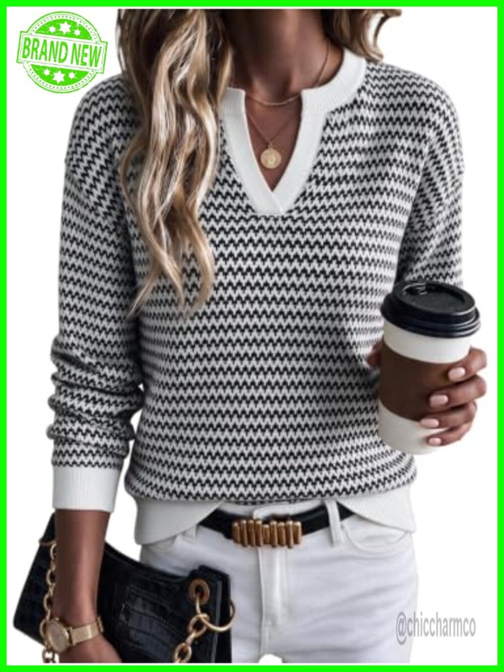 Polo V-Neck Striped Long Sleeve Cotton Sweater Pullover Top